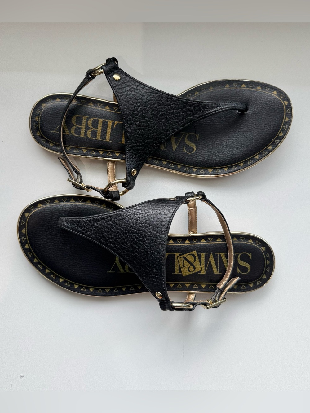 Sam & Libby Black T-Strap Women's Sandals with Gold Accents